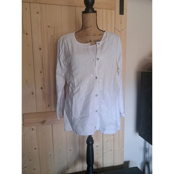 NEW Winter White Quaker factory Cardigan & attached Tee Crystal Buttons Large - Picture 1 of 12